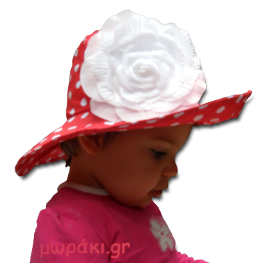 Βρεφικό παιδικό καπέλο πουά λευκό κόκκινο με λουλούδι