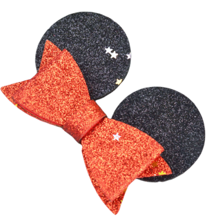 Κλιπ μαλλιών Μίνι Μάους με κόκκινο γκλίτερ φιόγκο, μαύρα αυτάκια και μικρά χρυσά αστεράκια.
